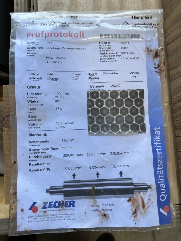 Rouleaux Anilox pour groupe verni Heidelberg XL 75